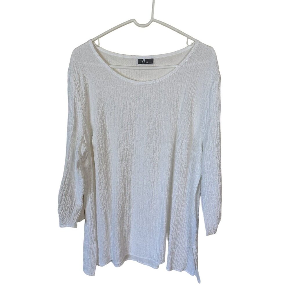 JM COLLECTION Tunic Top Blouse 3/4 Sleeves White Boat Neck Sz XL EUC  Beach Ware